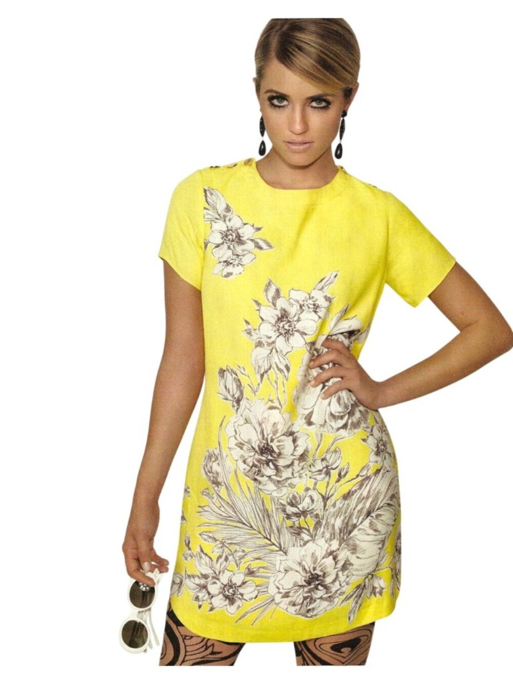 Juicy Couture Yellow Floral 60s Short Sleeve Modern Dress Gold Button Women 4